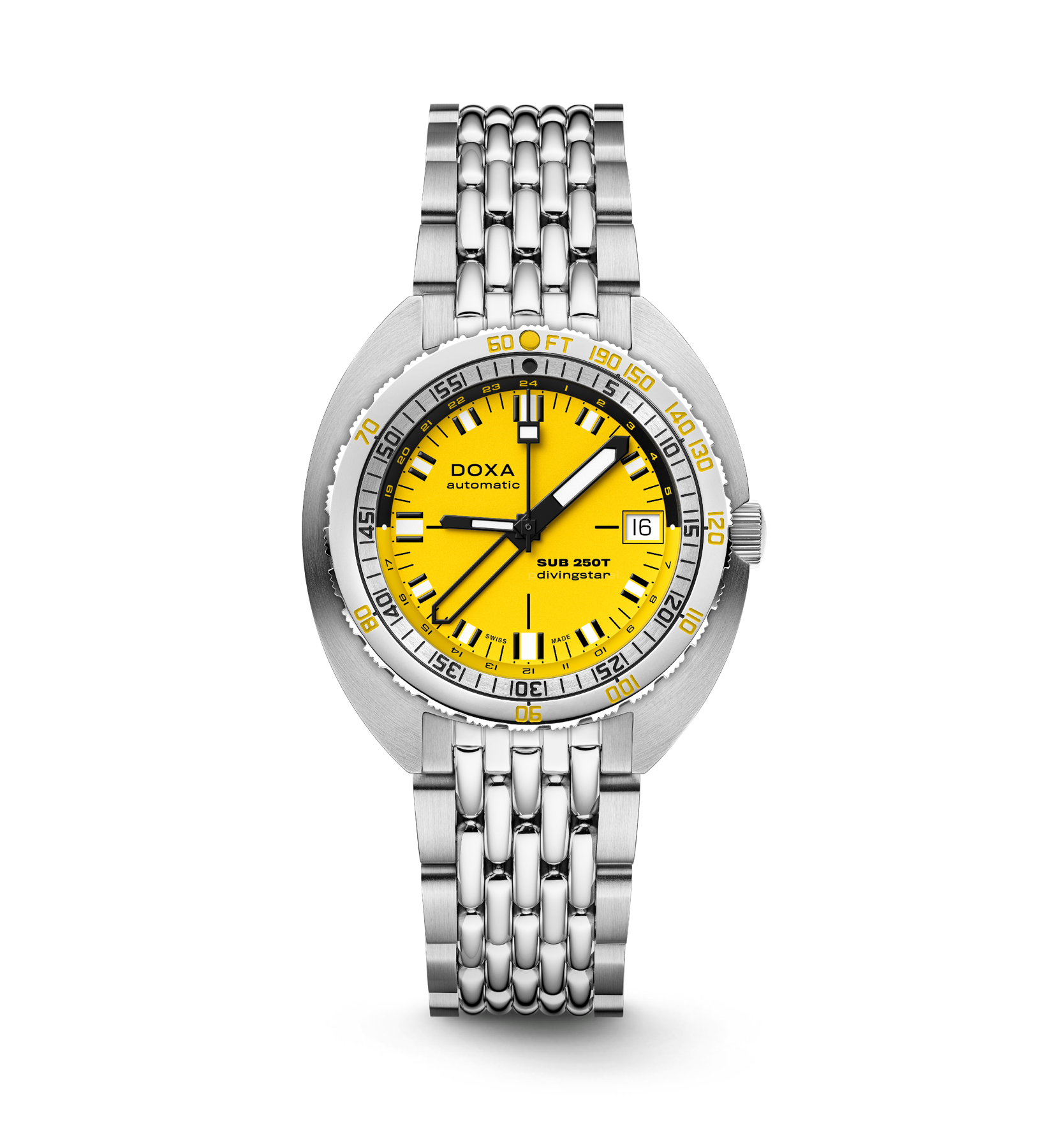 DOXA SUB 250T GMT Divingstar, sarı kadran ve çelik bilezik
