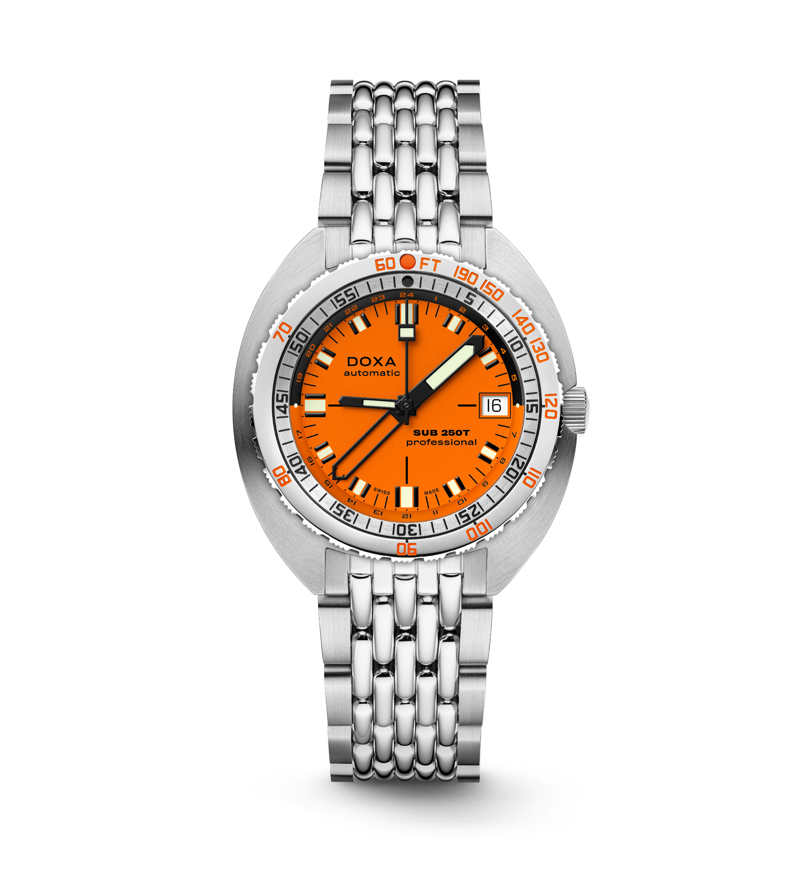 DOXA SUB 250T GMT Professional, turuncu kadran ve çelik bilezik