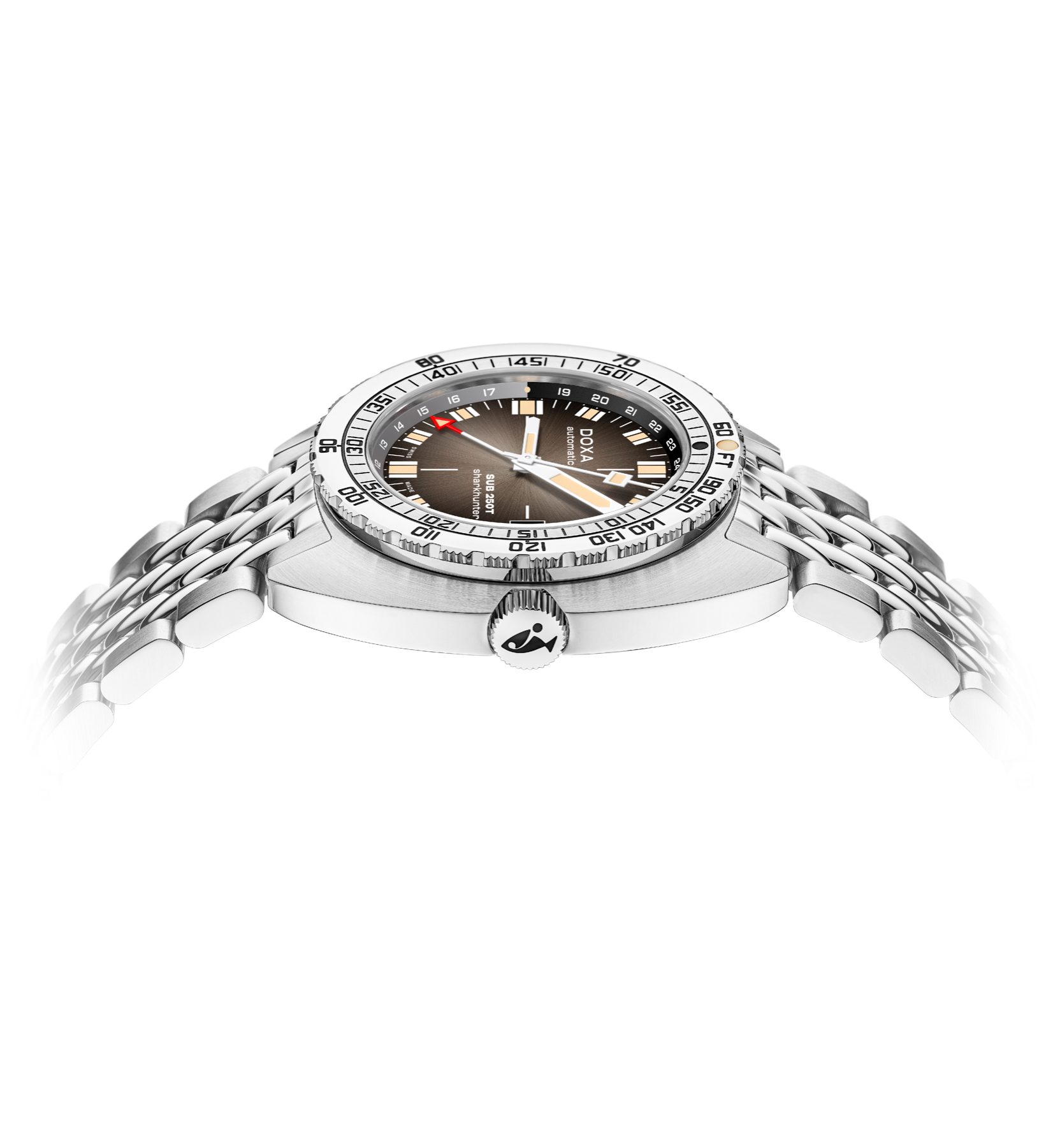 DOXA SUB 250T GMT Sharkhunter Vintage modelinin kasa profili, dalış bezel’i ve çelik bileziği